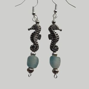 Silver Seahorse Earrings with Blue Beads